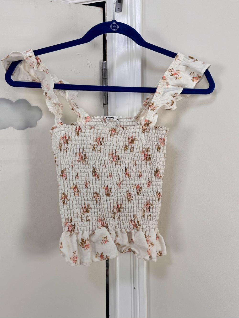 Reformation Brand Cream Floral Smocked Ruffle Tank Top